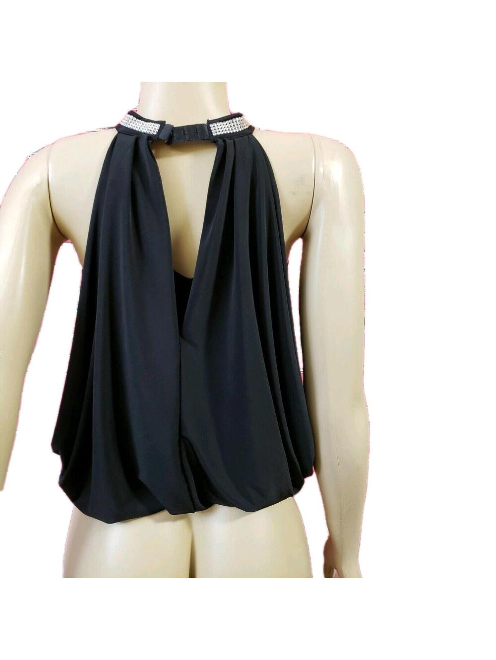 AGGIE Women's Top Blouse Small Draped Sleeveless Embellished Rhinestons Neck #1
